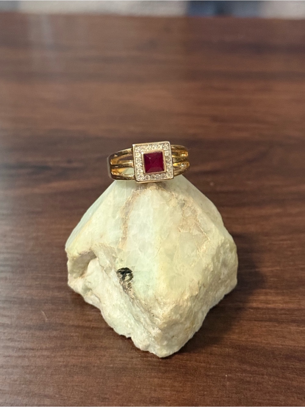 Vintage Gold-Tone Ring with Square Red Stone and Pavé Halo